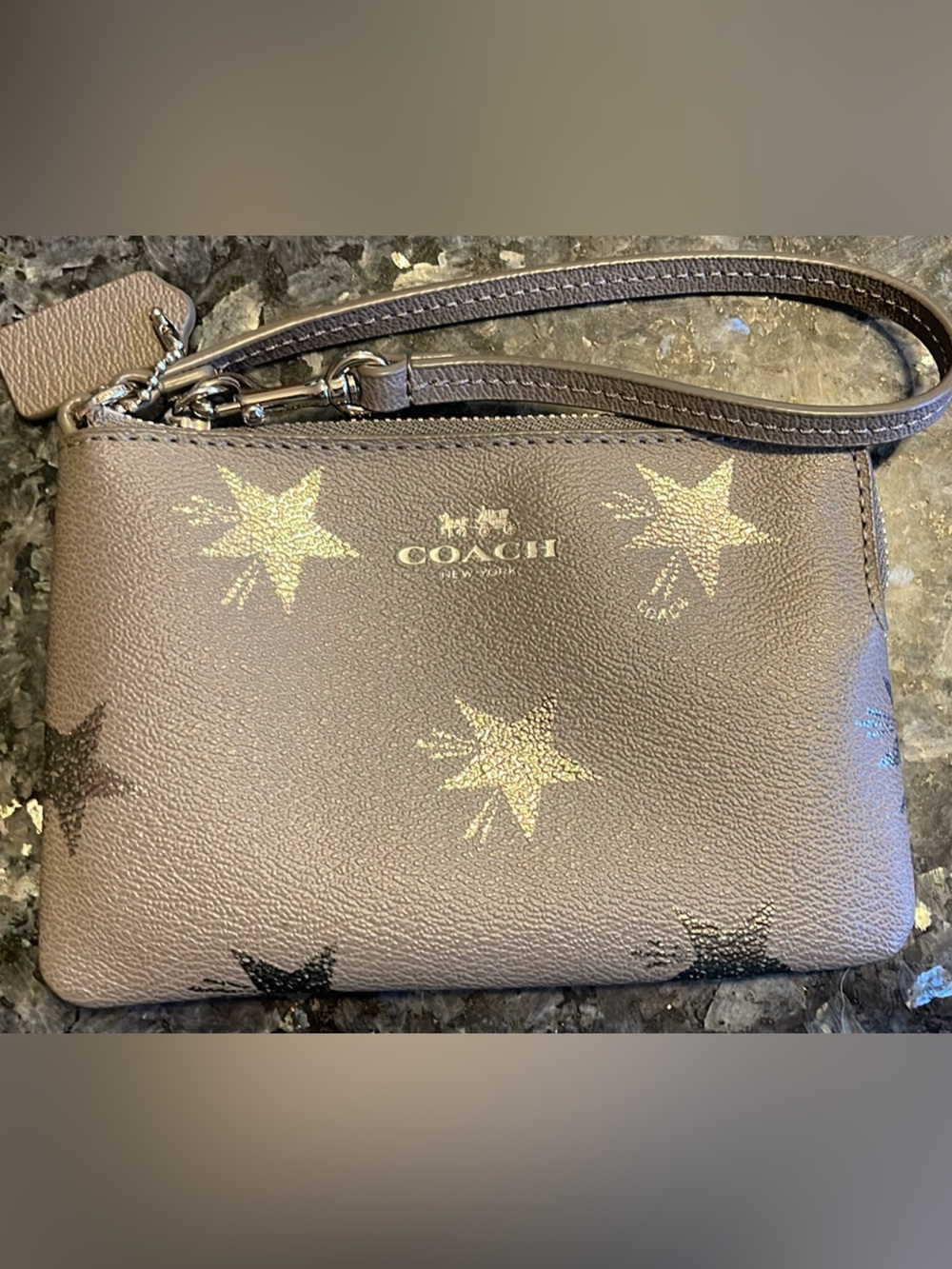 Coach  Leather Star-Print Wristlet with silver Accents